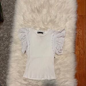 White Ruffled Sleeve Ribbed Top